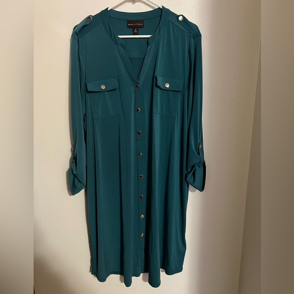 DANA BUCHMAN Classic Button Down Shirt Dress Dark Teal Women's Size‎ XL *GUC*